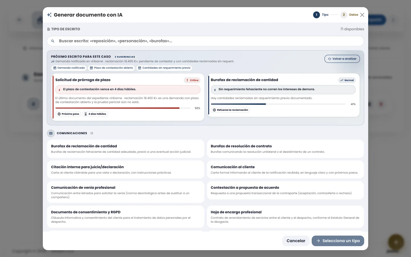 Modal de generación de escritos con IA de pleitox: 73 plantillas disponibles y las sugerencias priorizadas para el caso